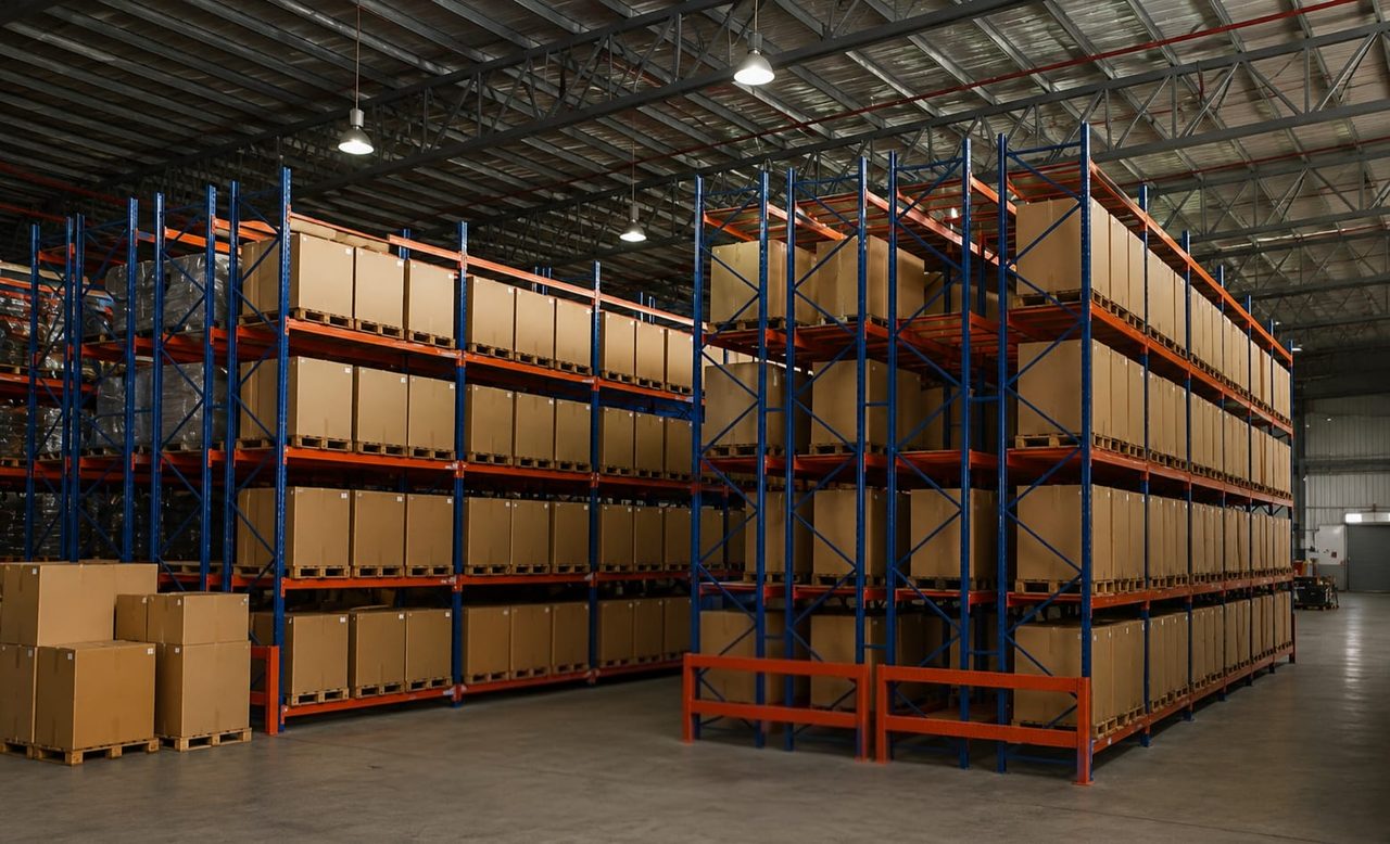 Double deep pallet racking storing pallets two deep